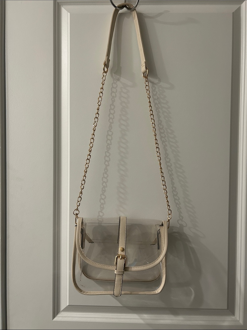 Cream Clear Crossbody Stadium Bag with Gold Chain Strap